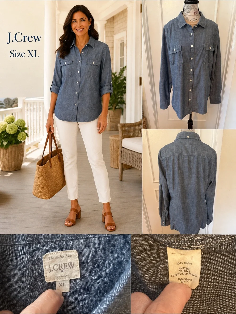 J.Crew Chambray Button Down Shirt Blue Cotton Roll Tab Sleeve XL